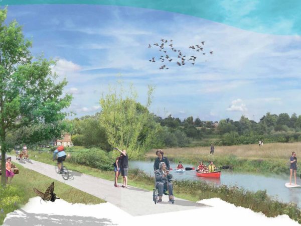 Visualisation of the River Way, with people boating on the river and people walking alongside the path
