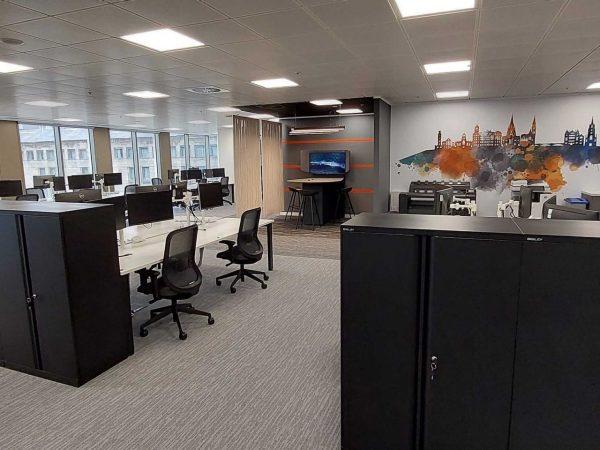 Office desks and chairs with cupboards in the Edinburgh office