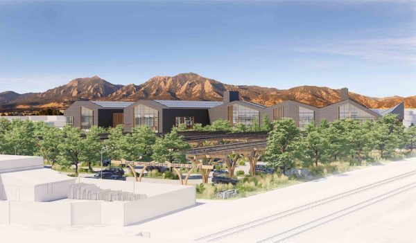 Exterior rendering of building with plantings and foothills in the background