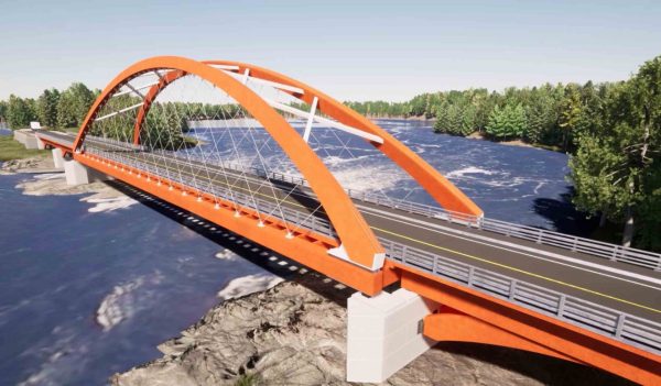 Rendering of new arch bridge over a river