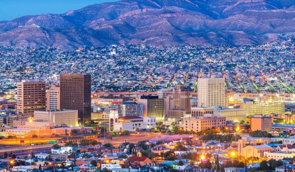 El Paso, Texas, USA  downtown city skyline at dusk with Juarez, Mexico in the distance.