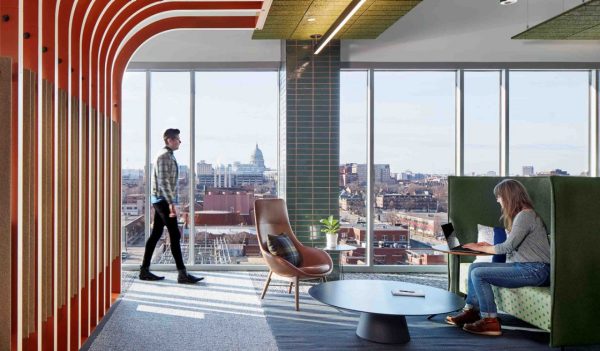 Interior office space seating area with views to the cityscape