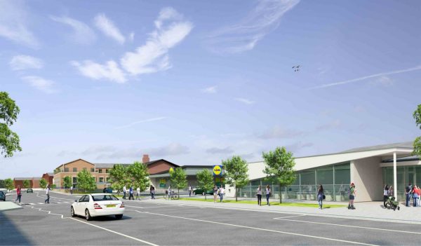 Visualisation of Moreton town centre with Lidl store, pedestrians and a car driving past