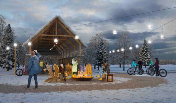 Rendering of outdoor event space in winter at night.