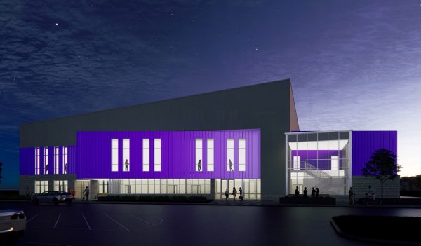 Rendering of the exterior building and entrance at night