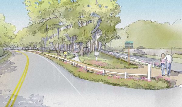 Rendering of a roadway with a walking path and plantings between the roads