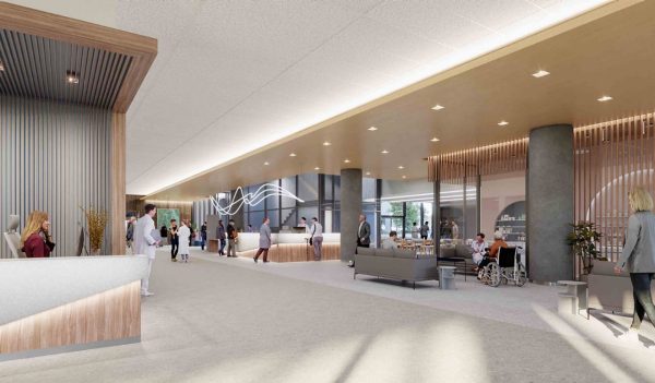Rendering of interior lobby with reception desk and seating