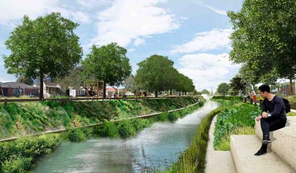 Rendering of urban canal with plantings and places to sit