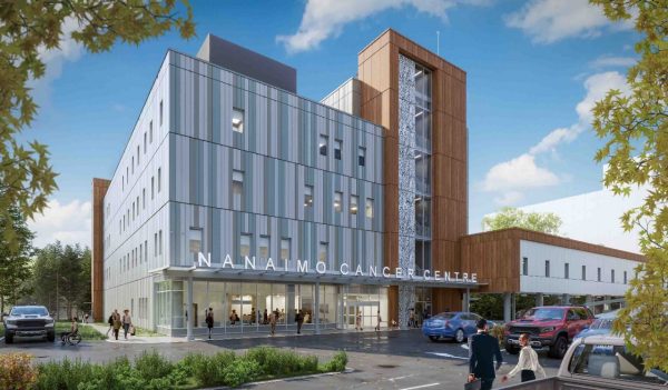 Rendering of the exterior building with people at the entrance and cars in the parking lot.