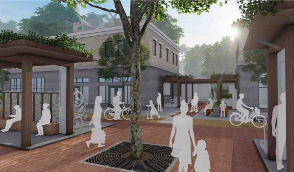 Rendering of an outdoor courtyard space with people moving about
