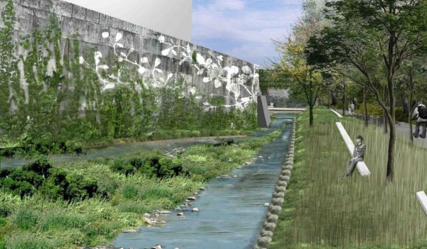 Rendering of small waterway with people sitting on a bench and walking on a pathway