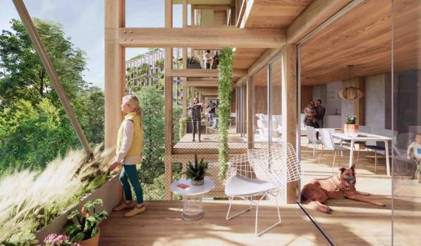 Rendering of an indoor, outdoor space with glass walls and natural wood deck areas.