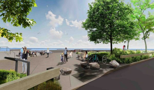 Rendering of pedestrian walkway and sitting area near the water.