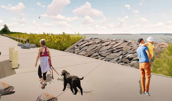 Rendering of people walking along a path on the coastline