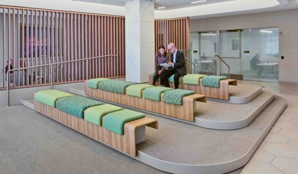 Waiting area with tiered bench seating