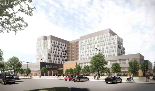 Rendering of exterior building with parking area