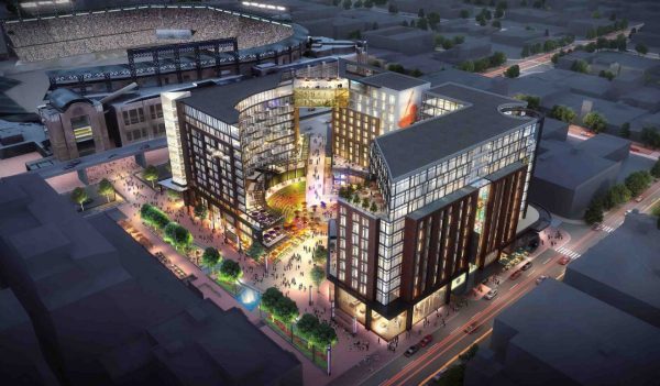 Rendering of new hospitality district in Denver Colorado