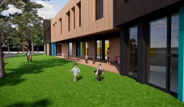 Rendering of exterior building and landscaping with kids playing on the grass