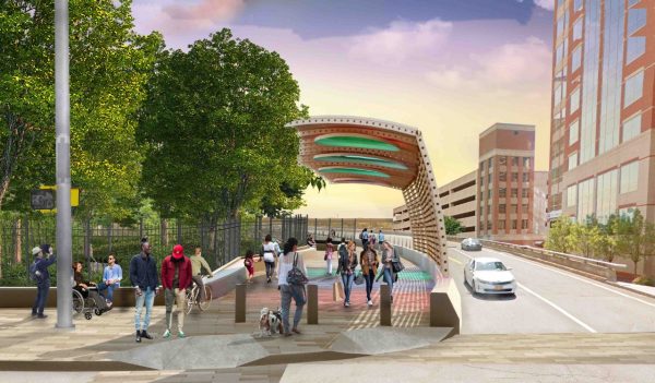 Rendering of people entering the skyway with a roadway on the right