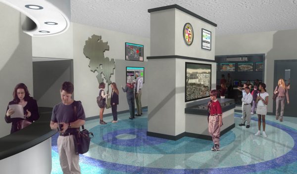 Rendering of lobby with display booths and screens
