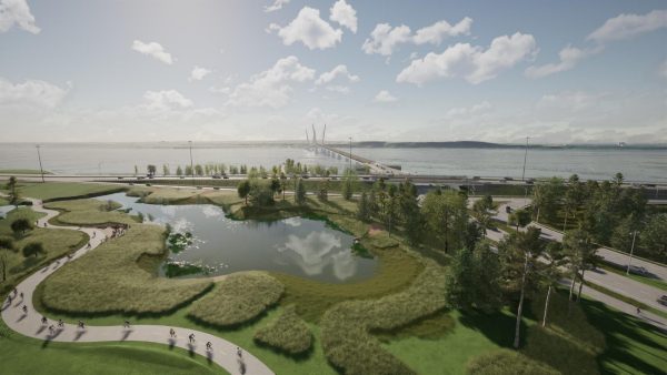 Rendering of the bridge in the distance with a park in front