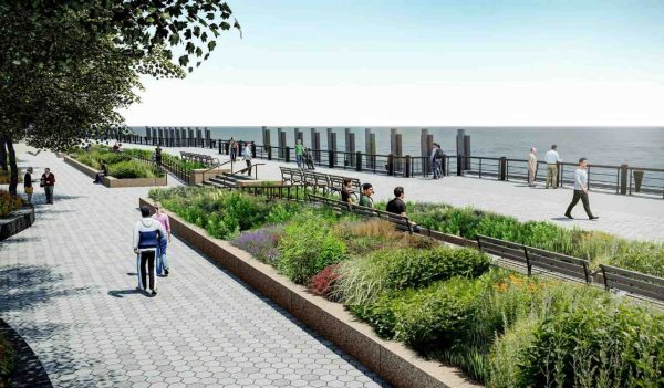 Rendering of new walkway/bikepath with planting and seating overlooking the water