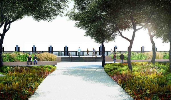 Rendering of a park and walkway on the water