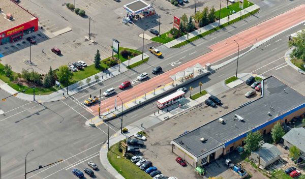 Aerial view of transit bus station