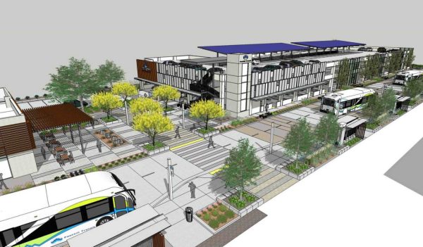 Rendering of the park and ride station with buses on the street