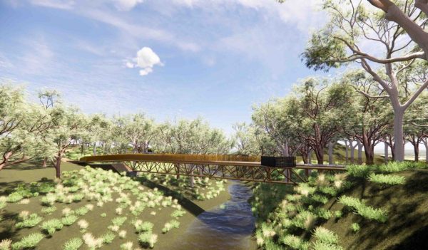 Rendered image of bridge over river