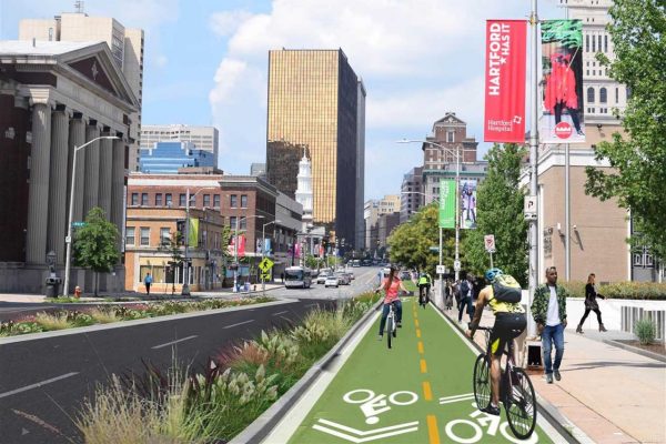Rendering of main street with new bike, walking, scooter lanes