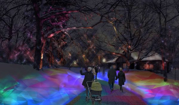Rendering of the park at night with colored lights on the snow