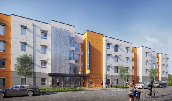 Exterior rendering of one of the student housing buildings.