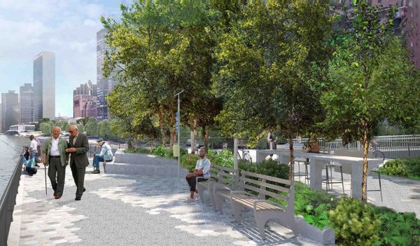 Rendering of landscaped greenway with walking paths and benches along the waterfront.
