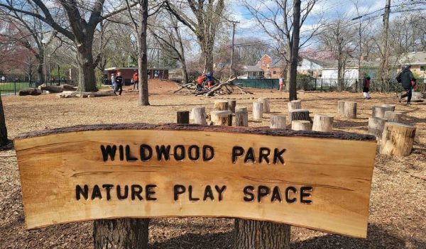 Stumps, logs, and wood chips are welcomed substitutes for plastic and concrete at the nature play area at Wildwood Park in Chicago.