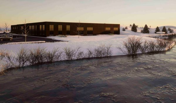 Rendering of building exterior in the winter along a river.