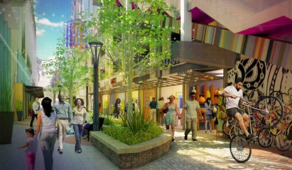 Rendering of Makers Alley in a commercial shopping area.