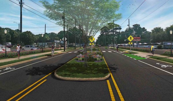 Rendering of New Bern Avenue Planning that shows pedestrian and bike paths.