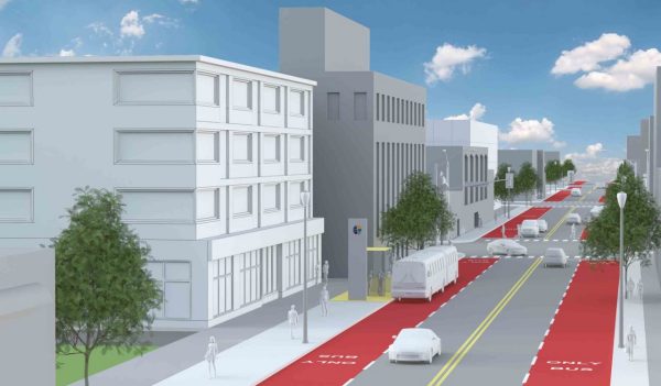 Rendering of a street with dedicated bus lanes.