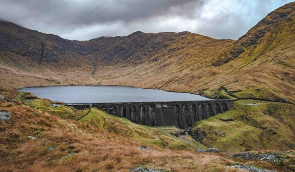 Cruachan dam reservoir in the hollow mountain on a cloudy day
