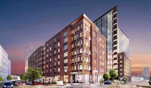 Exterior renderig of a mixed-use high rise with retail on the main level and condos on the upper.