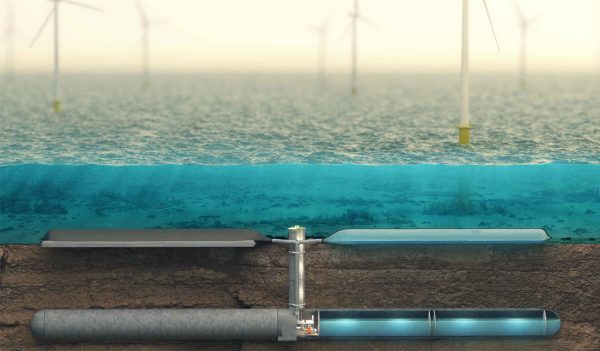 Underwater ocean battery with wind turbines above the surface
