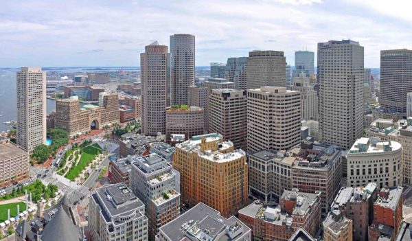 Aerial view of Boston Financial District Skyscrapers panorama, from Custom House, Boston, Massachusetts, USA.