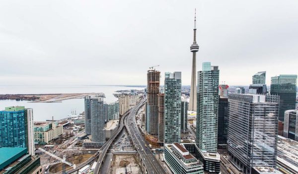 Overhead view of downtown Toronto and the lake beyond