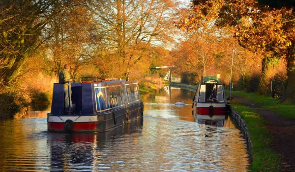 Narrow boats on the Llangollen canal in Autumn