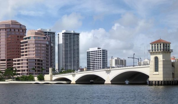 A bridge with buildings in the background